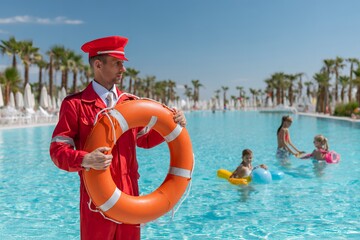 Male lifeguard in uniform holding lifebuoy by tropical pool with children playing