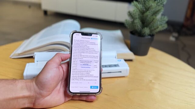 Closeup of hand using smartphone with print preview app beside portable document scanner and book on desk. Great for business, education, technology, and productivity themes.