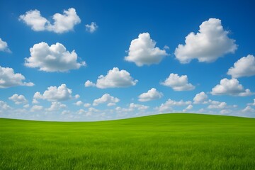 Obraz premium Rolling green hill with a vibrant blue sky and fluffy white clouds, a perfect natural landscape scene.