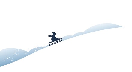 Silhouette of child sledding down snowy hill with winter fun on white background.