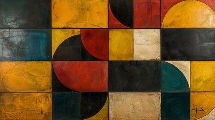 Abstract geometric artwork featuring intersecting circles and squares in dynamic composition