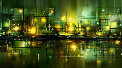 Abstract geometric art featuring intersecting circles and squares in a harmonious design