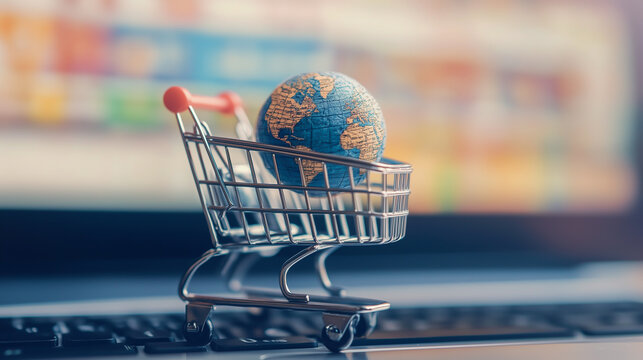Mini shopping cart with globe placed on laptop keyboard. Worldwide e-commerce, online shopping and international trade. Concept of global business, internet commerce and digital marketplace. - Powered by Adobe