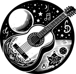 Naklejka premium Minimalist black and white vector icon of guitar, clean lines, modern, scalable, isolated for music, creative, or digital use