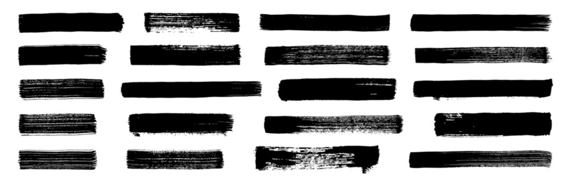 Vector brush paint stroke set. Black ink marker lines, stripes, smears. Letterpress stroke bg. Dry brush texture. Grunge paint lines, rough drawn elements. Sketch stamp frames. Highlight stripes