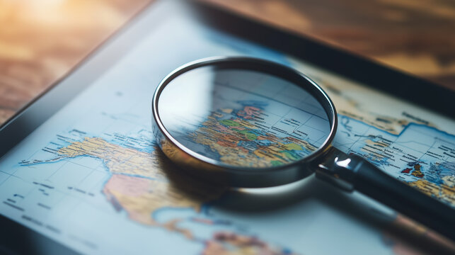 Magnifying glass placed over digital map on tablet  with soft light reflection. Concept of navigation, exploration and global search.