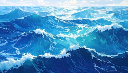 Pixelated Ocean Waves with Whitecaps Under a Partly Cloudy Sky in Summer