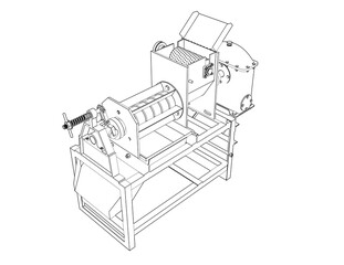Mechanical Engineering Schematic: Industrial Coconut Milk Extractor Machine. Line Art Squeezer Press Juicer for Food Production, Beverage Processing and Factory Automation. Blueprint Style Diagram.