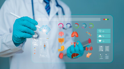Doctors use AI medical calendar interface with digital diagnosis, monitoring of patient's internal organ health, future healthcare technology, virtual HUD system, intelligent data analysis.