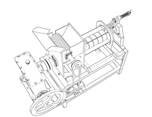 Mechanical Engineering Schematic: Industrial Coconut Milk Extractor Machine. Line Art Squeezer Press Juicer for Food Production, Beverage Processing and Factory Automation. Blueprint Style Diagram.