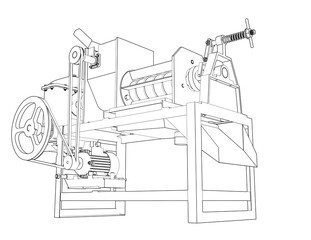 Mechanical Engineering Schematic: Industrial Coconut Milk Extractor Machine. Line Art Squeezer Press Juicer for Food Production, Beverage Processing and Factory Automation. Blueprint Style Diagram.