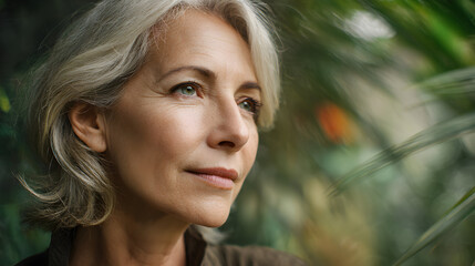 Naklejka premium Thoughtful mature woman portrait with soft light and natural foliage in the background portraying wisdom grace and serene beauty a timeless moment of contemplation among organic