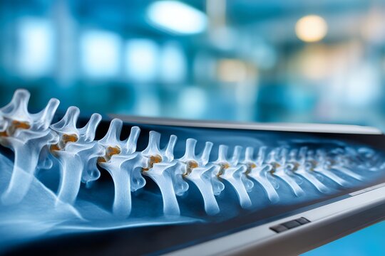 Detailed x-ray image of human spine on digital screen in medical setting - Powered by Adobe