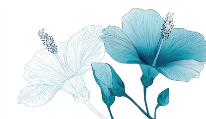 Two teal and white hibiscus flowers