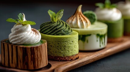 Four matcha desserts on a wooden tray