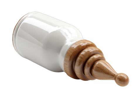 White baby bottle, wooden nipple