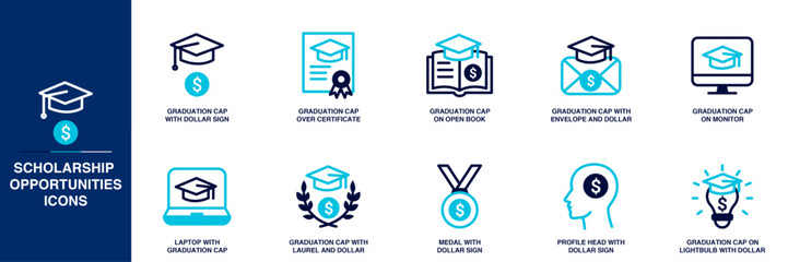 Scholarship Opportunities Blue Colored Outline Icon Set