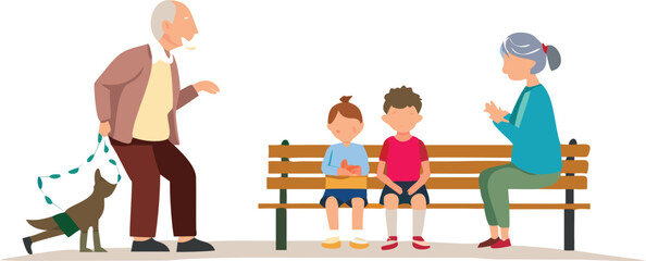 An elderly couple sits on a bench with two children, enjoying a sunny day in a park.
