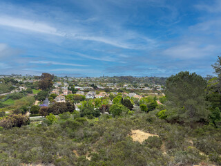 Scenic view of Encinitas residential neighborhood with houses, trees, and rolling hills under a bright blue sky and light clouds on a clear day