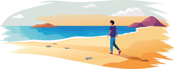 A man walks along the beach, holding a rock in his hand, with waves gently lapping at the shore.