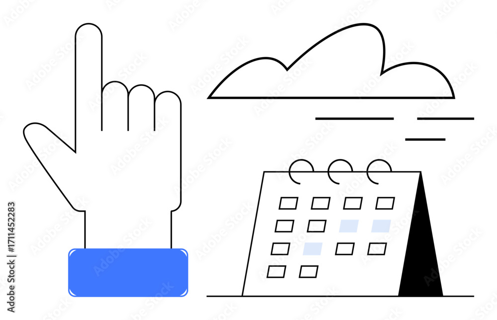Aufkleber large hand pointing upwards next to a desk calendar and a cloud with minimal lines. ideal for schedu