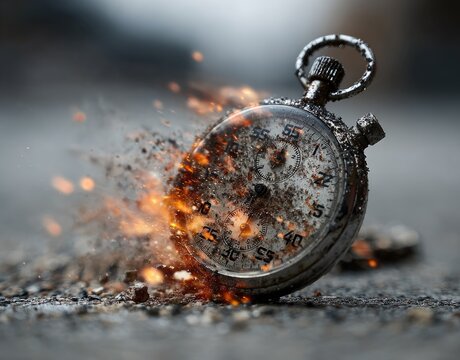 Vintage stopwatch ablaze, time's fiery end