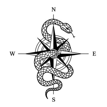 Vector Compass Rose with Snake with Direction, Travel, Guidance, Concept, and Isolated.