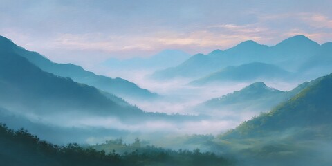 Painting of a mountain range with a pink sky