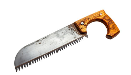 A rusty hand saw with wooden handle