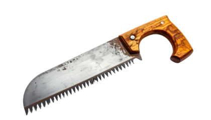 A rusty hand saw with wooden handle