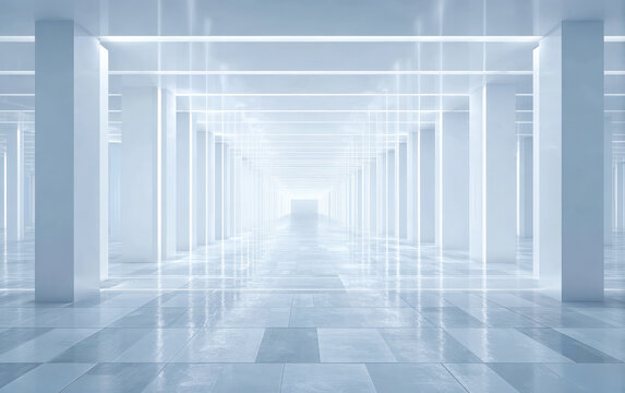 Bright and Futuristic Corridor with Clean Lines and Reflections