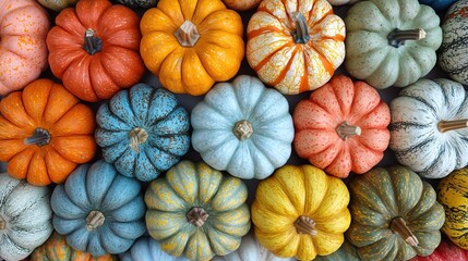 Colorful pumpkins artistic display autumn harvest, variety shapes colors pumpkins arrangement vibrant details high resolution
