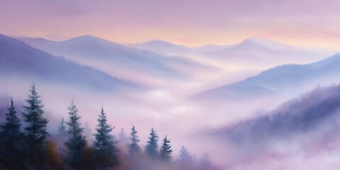 Painting of mountains and trees in the fog