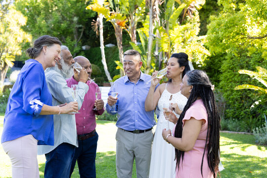 Group of seniors enjoying outdoor celebration, laughing and toasting with drinks