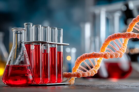 Dna research in laboratory with red liquid in test tubes and dna strand
