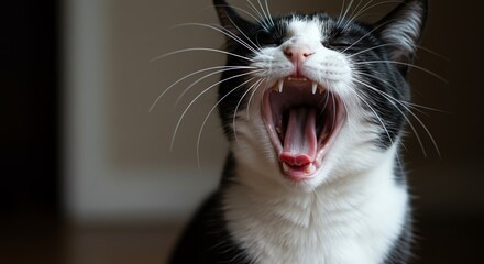 Black and white cat yawning with open mouth