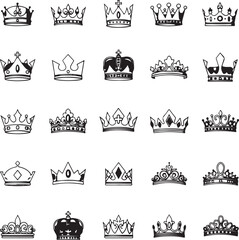 Twenty five black and white crown and tiara icons in various styles royal regal