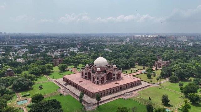 Aerial Shot of Humayun tomb in New Delhi, India