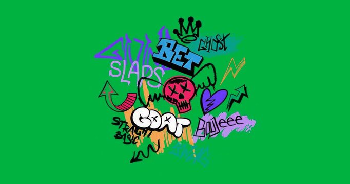 On start graffiti art staying static, highlighting spray symbols on transparent bg for branding