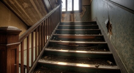Eerie abandoned staircase bathed in dramatic light