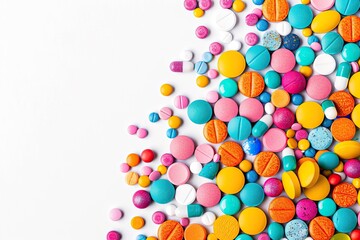 Obraz premium A colorful assortment of various pills and tablets scattered on a white background.
