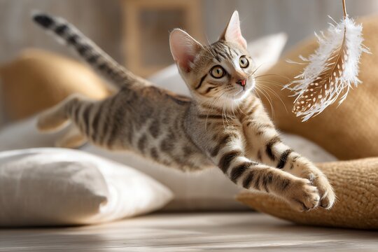 Playful brown tabby kitten leaping towards feather in cozy sunlit room - Powered by Adobe
