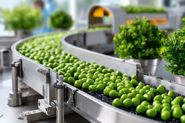 Automated green olive sorting on conveyor belt in modern food processing plant