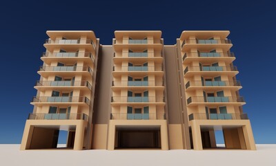 Front view apartment building over blue sky scene 3d rendering wallpaper background