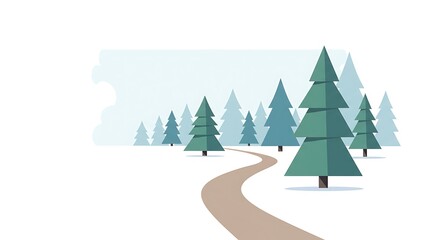 Obraz premium Winding Road Through Winter Forest with Minimalist Illustration, and Isolated on White.