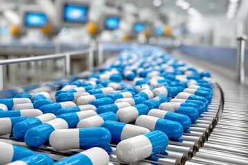 Fototapeta premium Blue and white capsule tablets on a pharmaceutical conveyor belt in a factory