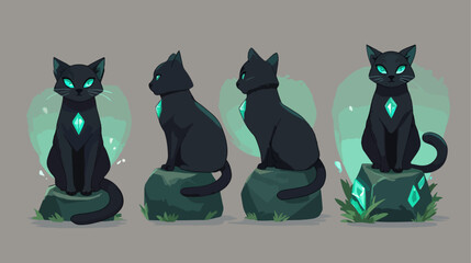 Black cat illustrations with turquoise gems