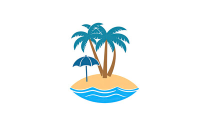 Tropical island graphic with palm trees and an umbrella