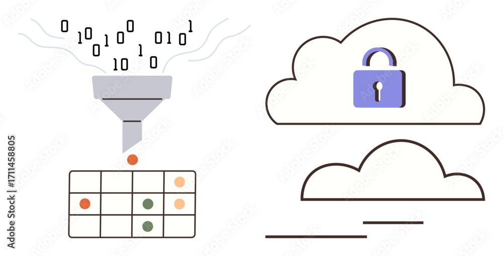 Aufkleber binary data flows through a funnel into a table, signifying organization. adjacent secured cloud wit