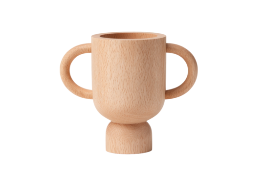 Light beige wooden trophy-shaped vase with two handles